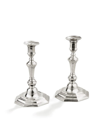 View full screen - View 1 of Lot 75. A PAIR OF SILVER CANDLESTICKS, JOSEPH MOILLET, PARIS, 1725-1726 | PAIRE DE FLAMBEAUX EN ARGENT PAR JOSEPH MOILLET, PARIS, 1725-1726.