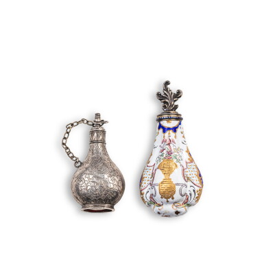 View full screen - View 1 of Lot 604. A silver and an ‘Email de Saxe’ scent bottle, England, circa 1680-1690, and possibly Pierre Fromery, Berlin, circa 1730.
