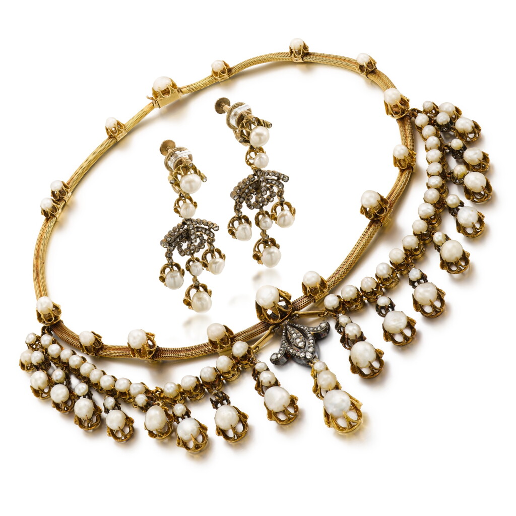 View full screen - View 1 of Lot 8. Gold and Pearl Necklace and Earrings, Circa 1860.