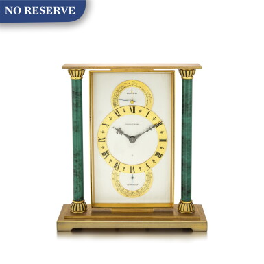 View full screen - View 1 of Lot 865. JAEGER-LECOULTRE | A GILT BRASS CLOCK WITH BAROMETER, THERMOMETER AND 8 DAYS POWER RESERVE, CIRCA 1970.