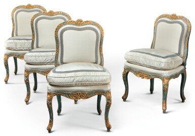 View full screen - View 1 of Lot 146. A GROUP OF FOUR LOUIS XV CARVED PARCEL-GILT AND BLUE PAINTED CHAIRS CIRCA 1750.