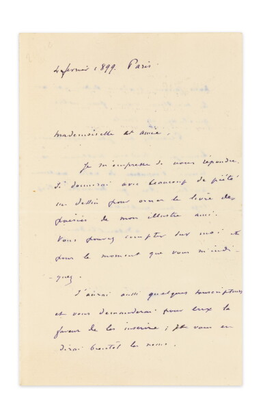 View full screen - View 1 of Lot 253. REDON, Odilon. Lettre autographe signée à Geneviève Mallarmé, 1899, sur le projet d'illustration des Poésies.