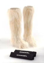PAIR OF OFF-WHITE FAUX FUR WEDGE BOOTS, CHANEL