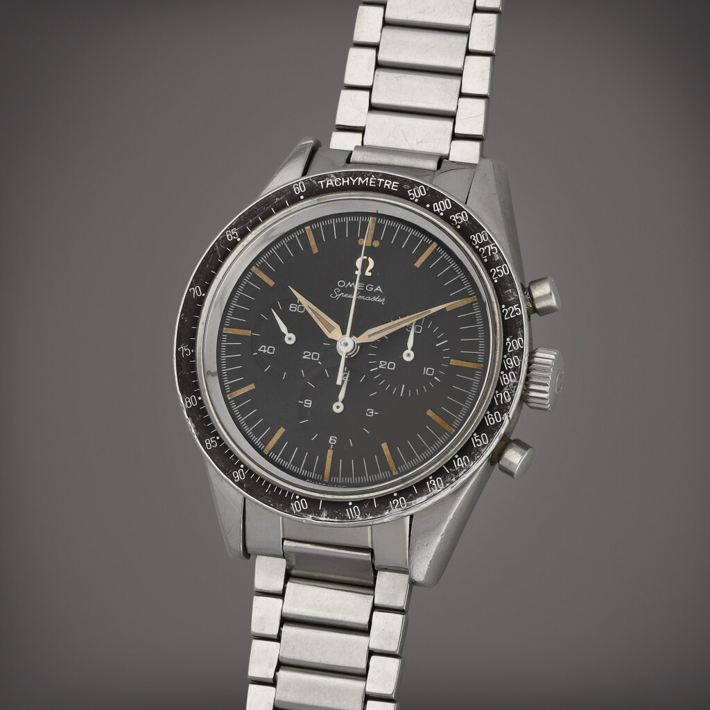 View full screen - View 1 of Lot 80. Speedmaster, Reference 2998-3 | A stainless steel chronograph wristwatch with bracelet | Made in 1961.