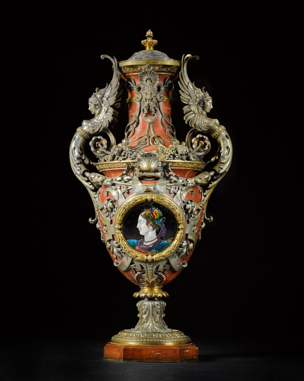 View full screen - View 1 of Lot 78. A French silvered and gilt-bronze rouge griotte marble vase, by Ferdinand Barbedienne, designed by Louis Constant Sévin, the bronzes by Désiré Attarge, the enamel by Claudius Popelin, Paris, circa 1880.