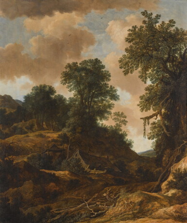 View full screen - View 1 of Lot 65. A landscape with farms in a hilly wood.
