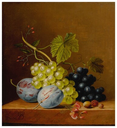 View full screen - View 1 of Lot 596. Grapes, plums, raspberries, flowers and an acorn on a wooden ledge.