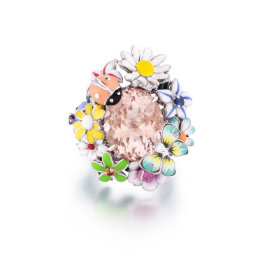View full screen - View 1 of Lot 381. Dior | Bague morganite, émail, pierres de couleur et diamant, "Diorette" | Morganite, enamel, gem set and diamond ring, 'Diorette'.