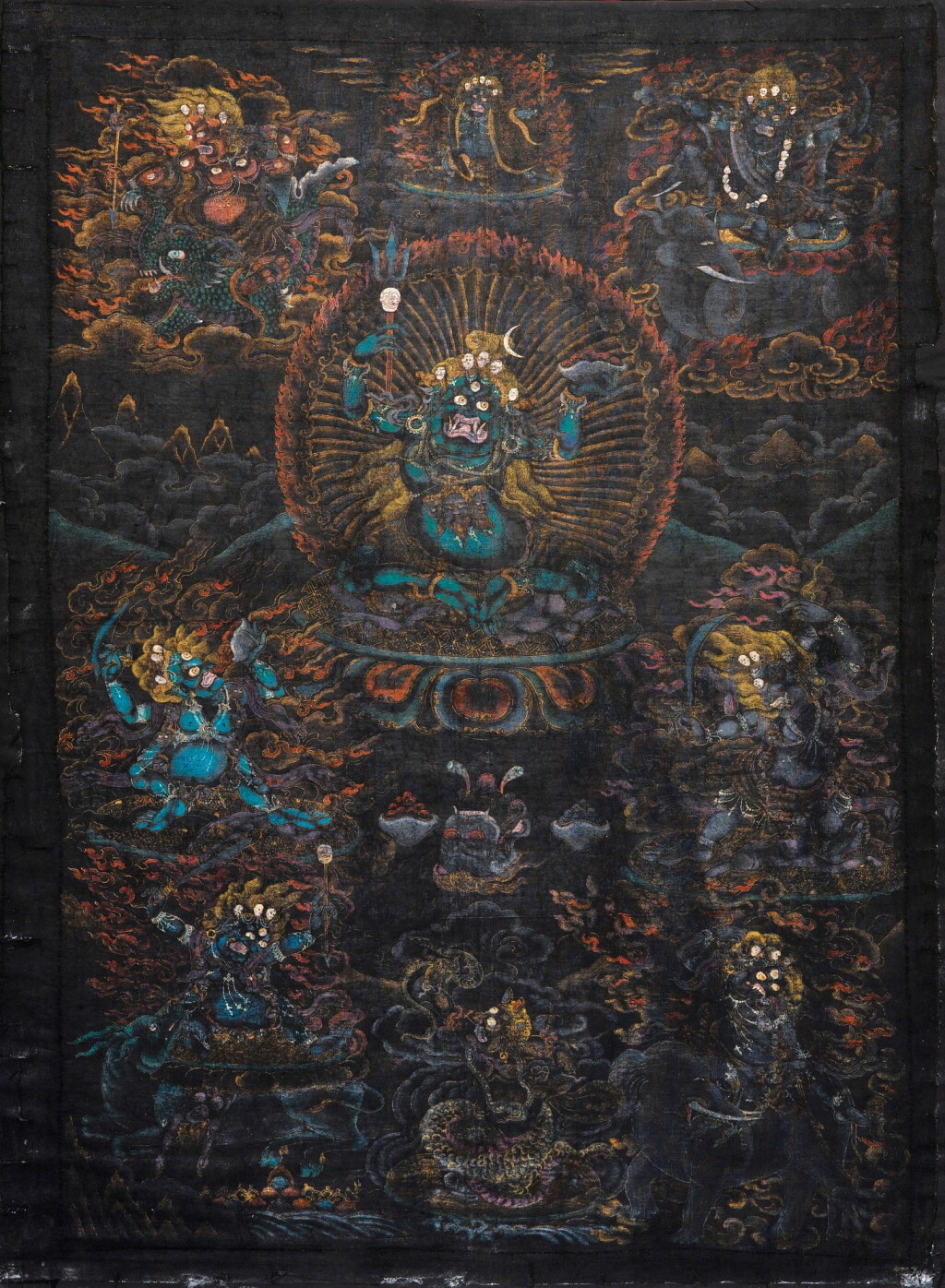 View full screen - View 1 of Lot 22. A nagthang (black-ground) thangka depicting Mahakala Tibet, 18th century | 西藏 十八世紀 大黑天黑唐卡 設色布本.