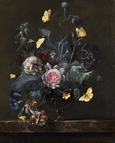 View full screen - View 1 of Lot 34. OTTO MARSEUS VAN SCHRIECK | Still life with flowers in a glass vase, on a marble ledge, with butterflies and moths.