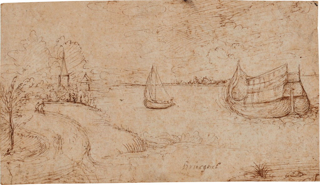 View full screen - View 1 of Lot 722. Two ships on a broad estuary, figures on a path to the left.