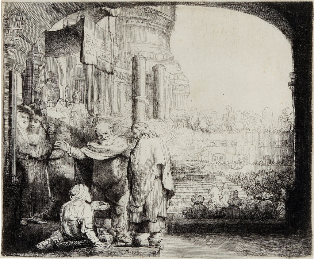 View full screen - View 1 of Lot 523. Peter and John Healing the Cripple at the Gate of the Temple (B., Holl. 94; New Holl. 312).