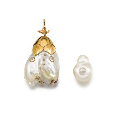 View full screen - View 1 of Lot 229. Pearl, Gem-set and Diamond Pendant and a Cultured Pearl .