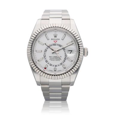 View full screen - View 1 of Lot 220. Reference 326934 Sky-Dweller | A stainless steel and white gold automatic wristwatch with annual calendar, dual time zone and bracelet, Circa 2021.