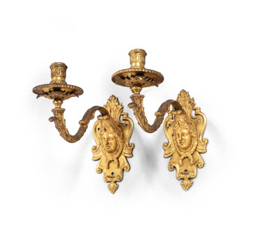 View full screen - View 1 of Lot 57. A pair of Régence style gilt-bronze wall-lights | Paire d'appliques en bronze ciselé et doré de style Régence.