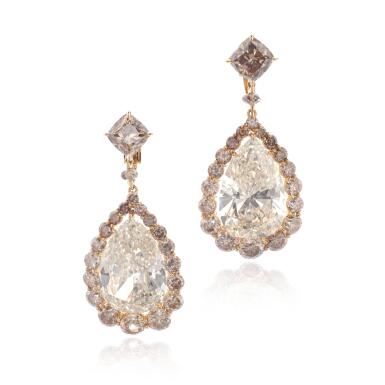 View full screen - View 1 of Lot 518. Pair of diamond pendent earrings.
