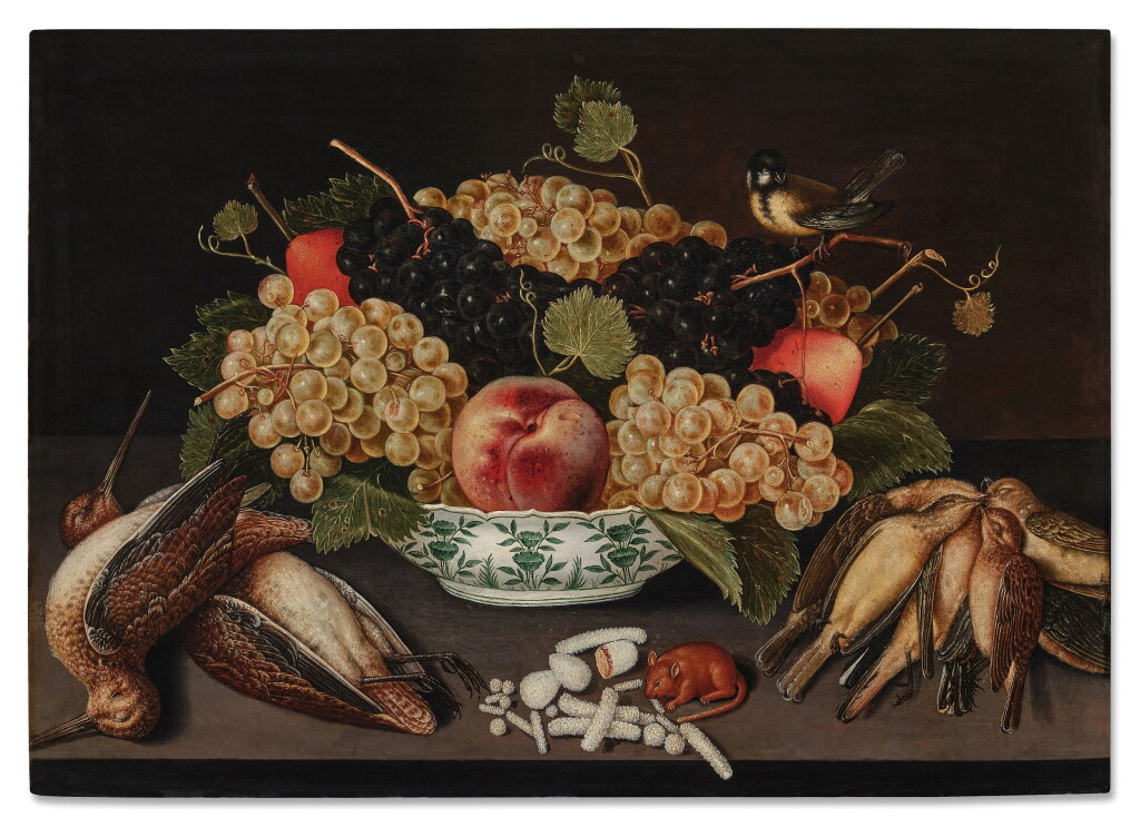 View full screen - View 1 of Lot 15. Still life of grapes, pears, and a peach in a porcelain bowl, with a blue tit on a vine branch, together with a mouse, sweetmeats, two snipes, and songbirds.