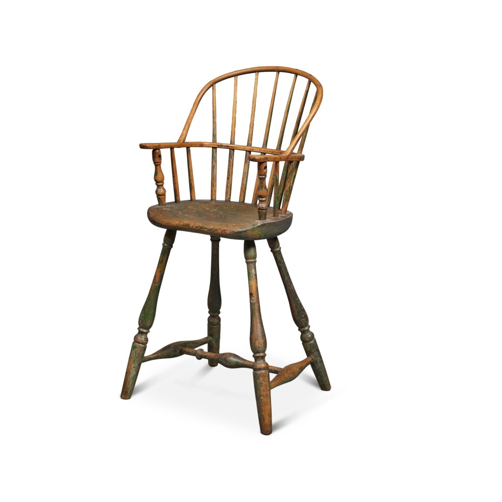 View full screen - View 1 of Lot 61. Rare Child's Blue-Green-Painted Sack-Back Windsor High Chair, Possibly Francis Trumble (1716 -1798) or Joseph Henzey (1743-1796), Philadelphia, Pennsylvania, Circa 1785.