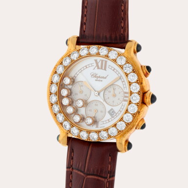 View full screen - View 1 of Lot 407. Happy Sport, Reference 28/3189-23/11 | A yellow gold, sapphire and diamond-set chronograph wristwatch with date and mother-of-pearl dial | Circa 2005.