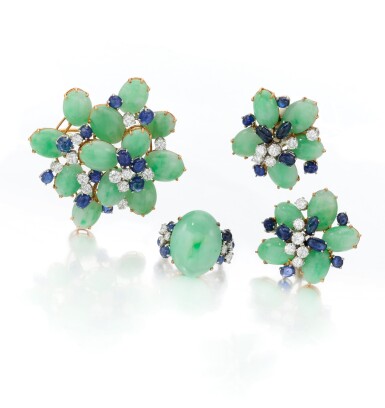 View full screen - View 1 of Lot 57. Collection of jadeite, sapphire and diamond jewels (Collezione di gioielli in giadeite, zaffiri e diamanti).