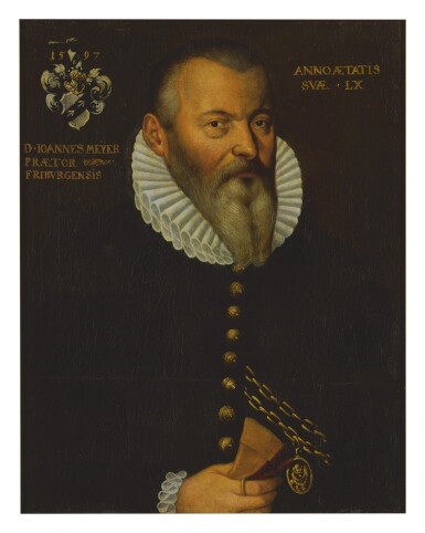 View full screen - View 1 of Lot 39. SWISS SCHOOL, 1597 | PORTRAIT OF JOHANNES MEYER, HALF LENGTH, AGED 60.