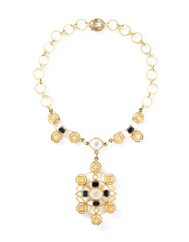 View full screen - View 1 of Lot 175. Ilias Lalaounis | Collier sodalite et pierres de lune | Sodalite and moonstone necklace.