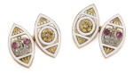 A pair of Fabergé jewelled gold and champlevé enamel cufflinks, workmaster Feodor Afanasiev, St Petersburg, circa 1890
