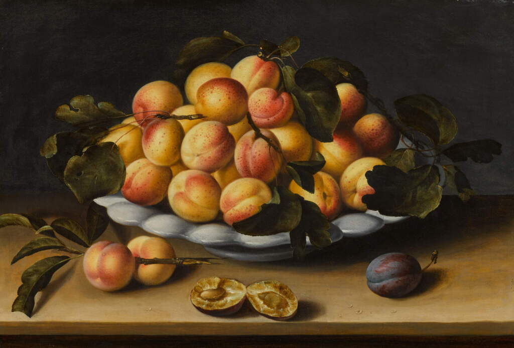 View full screen - View 1 of Lot 4. Still life with a bowl of apricots, peaches and plums, all on a ledge.