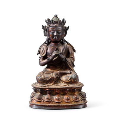 View full screen - View 1 of Lot 257. A gilt-laquered bronze figure of Vairocana, Ming dynasty, 16th-17th century | 明十六至十七世紀 漆金銅大日如來坐像.