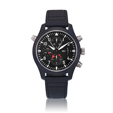 View full screen - View 1 of Lot 132. Reference IW3799-01 Pilot's Watch Top Gun, A limited edition black ceramic and titanium automatic split-seconds chronograph wristwatch with day and date, Circa 2012 萬國 IW3799-01 型號 Pilot's Watch Top Gun 限量版黑陶瓷及鈦金屬自動上鏈追針計時腕錶備星期及日期顯示,約2012年製.