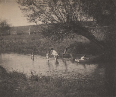 View full screen - View 1 of Lot 28. Untitled (Susan McDowell with Margaret, Ben, Will, and Artie Crowell, Playing in the Creek in Avondale).