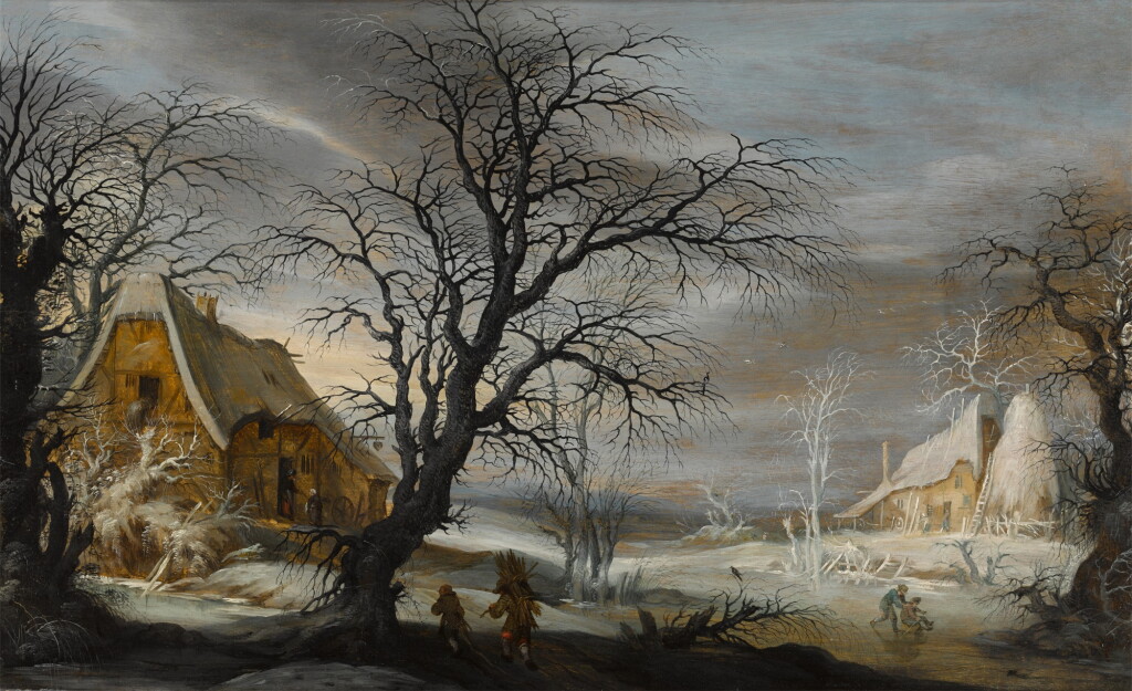 View full screen - View 1 of Lot 131. A winter landscape with figures, two peasants gathering wood and two riding a sledge.
