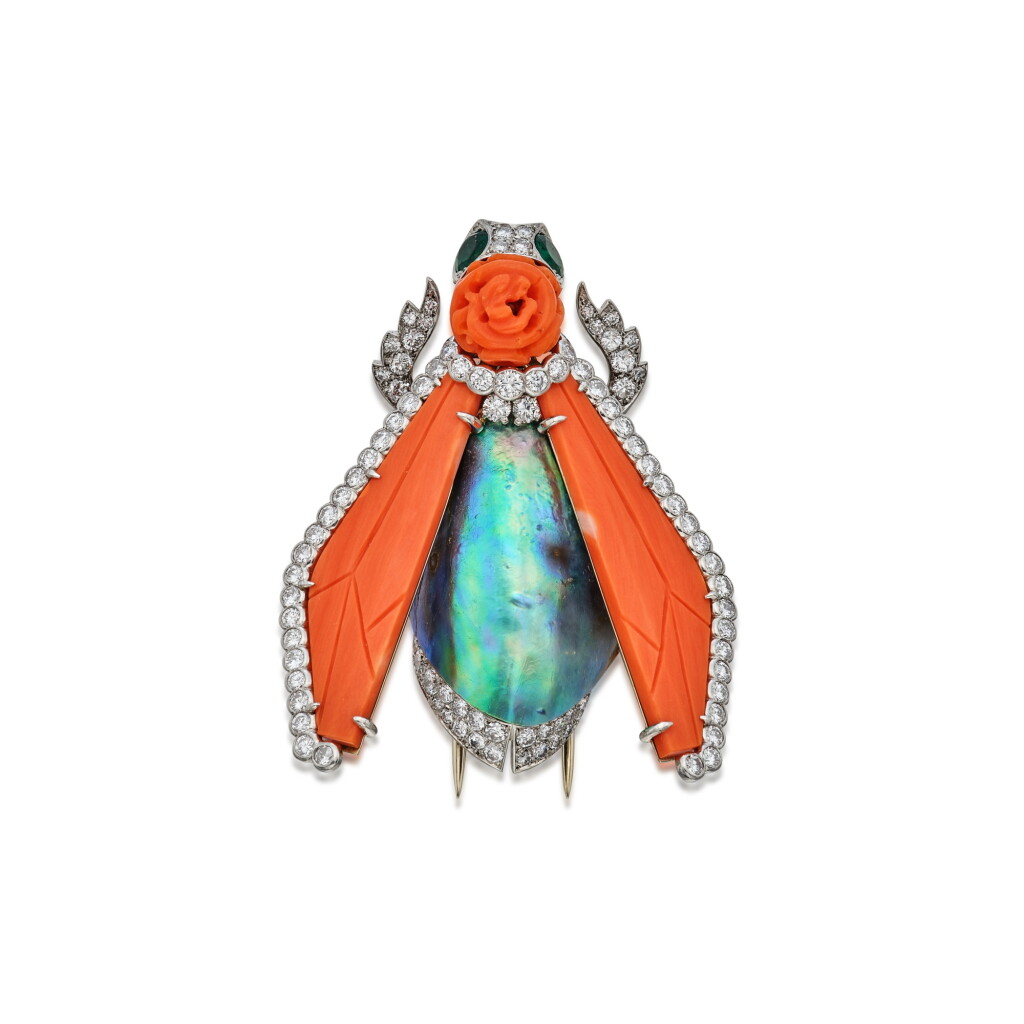 View full screen - View 1 of Lot 549. Coral, Shell, Emerald and Diamond Clip-Brooch, France.