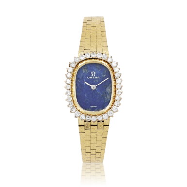 View full screen - View 1 of Lot 453. Omega | Montre bracelet de dame lapis lazuli or et diamants | Lady's lapis lazuli gold and diamond bracelet watch.