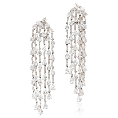 View full screen - View 1 of Lot 2881. Pair of White Sapphire and Diamond Pendent Earrings | 白色剛玉 配 鑽石 耳墜一對.