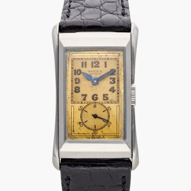 View full screen - View 1 of Lot 593. Reference 1490 'Prince' | A stainless steel rectangular wristwatch, Circa 1931.