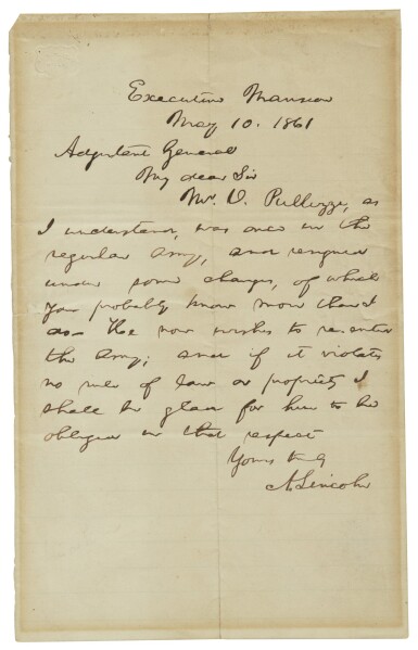 View full screen - View 1 of Lot 2130. Lincoln, Abraham. Autograph letter signed, to Adjutant General Lorenzo Thomas, 10 May 1861.