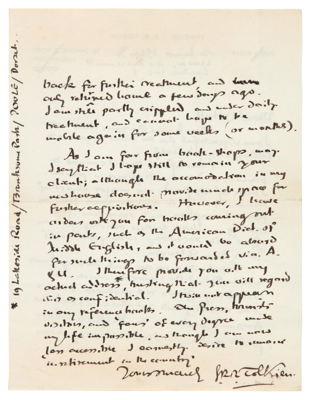 View full screen - View 1 of Lot 329. J.R.R. Tolkien | Autograph letter signed, to Tony Hall, September 1968.