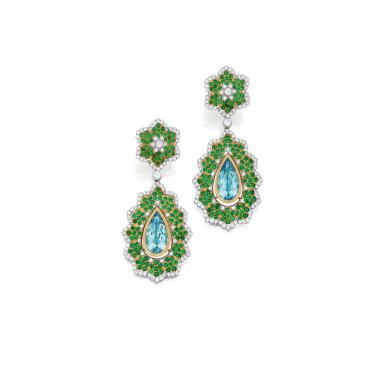 View full screen - View 1 of Lot 8. Buccellati | Pair of Aquamarine, Emerald and Diamond Pendant-Earclips.