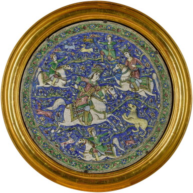 View full screen - View 1 of Lot 209. A large circular Qajar pottery tile, Persia, 19th century.