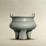 An incised Longquan celadon-glazed 'floral' tripod incense burner, Yuan dynasty | 元 龍泉青釉刻花卉紋繩耳鼎式爐