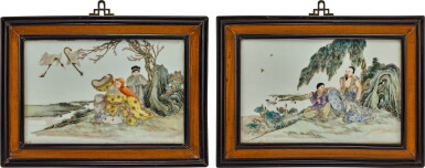 View full screen - View 1 of Lot 2047. A pair of famille-rose 'prunus and cranes' and 'lotus and mountain' plaques Qing dynasty, 19th century | 清十九世紀 粉彩梅妻鶴子與枯荷孤山圖掛屏一對.