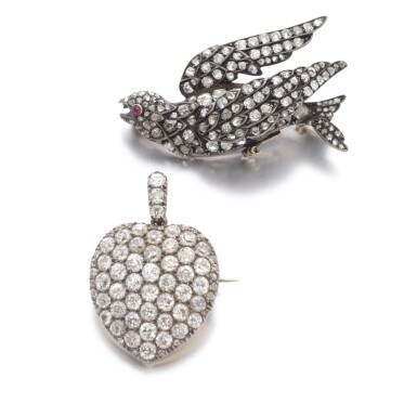 View full screen - View 1 of Lot 554. TWO DIAMOND BROOCHES, 19TH CENTURY.