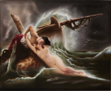 View full screen - View 1 of Lot 483. A Berlin (K.P.M.) Rectangular Plaque, 'The Kiss of the Wave', Late 19th Century.