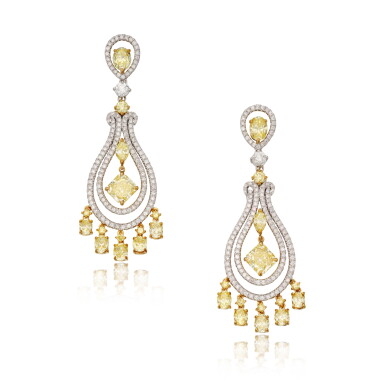 View full screen - View 1 of Lot 410. Pair of Fancy Yellow, Colored Diamond and Diamond Earrings.