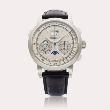 View full screen - View 1 of Lot 16. Reference 410.025 Datograph Perpetual | A platinum perpetual calendar flyback chronograph wristwatch with digital date display, moon phases, leap year, and day/night indication, Circa 2009.