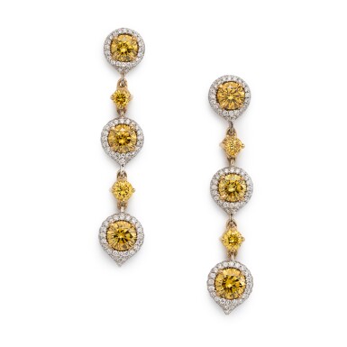 View full screen - View 1 of Lot 44. Fancy yellow diamond and diamond earrings.