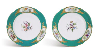 View full screen - View 1 of Lot 93. TWO VINCENNES OR EARLY SEVRES PORCELAIN GREEN-GROUND PLATES FROM THE FREDERIK V SERVICE, CIRCA 1755.