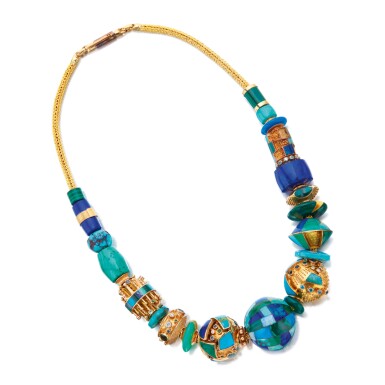 View full screen - View 1 of Lot 130. GOLD, GEM-SET AND DIAMOND NECKLACE, JEFF WISE.