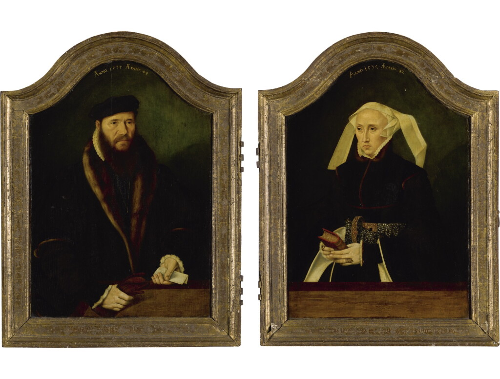 View full screen - View 1 of Lot 111. BARTHOLOMÄUS BRUYN THE YOUNGER | A DIPTYCH: PORTRAIT OF A GENTLEMAN, AGED 44, BEHIND A WOODEN LEDGE, WEARING A FUR-TRIMMED BLACK COAT, HOLDING HIS GLOVES AND A LETTER; AND PORTRAIT OF A WOMAN, AGED 42, BEHIND A WOODEN LEDGE, IN FUR-TRIMMED BLACK DRESS WITH PEARL-STUDDED BELT, HOLDING A BOOK.